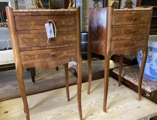 A pair of French marble top bedside cabinets, width 37cm, depth 31cm, height 75cm